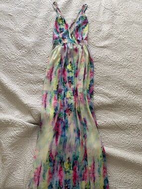L'ATISTE Watercolor Floral V-Neck Maxi Dress - Pink, Blue, Yellow